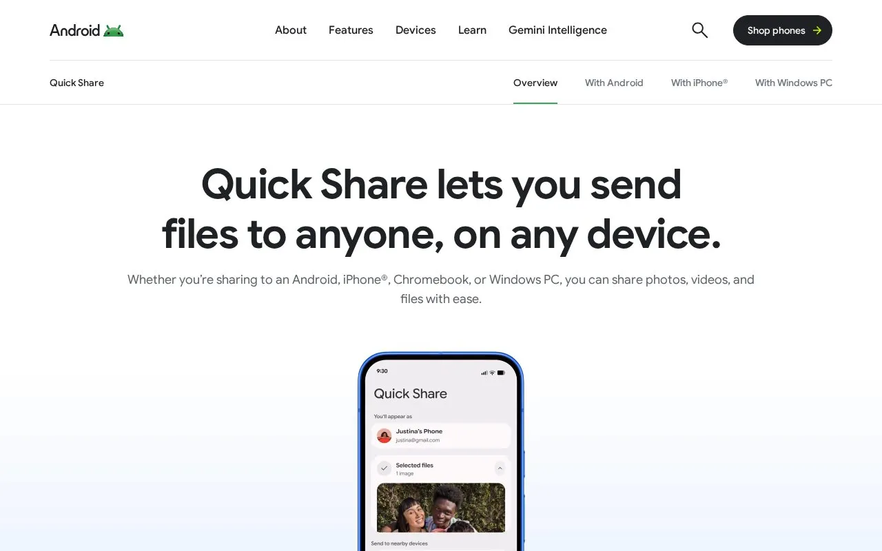Google Quick Share homepage screenshot
