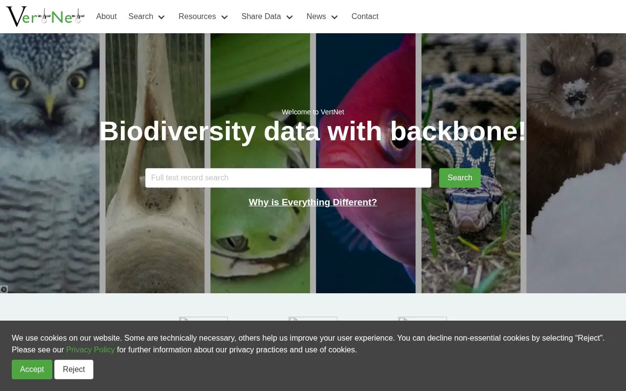 VertNet homepage screenshot