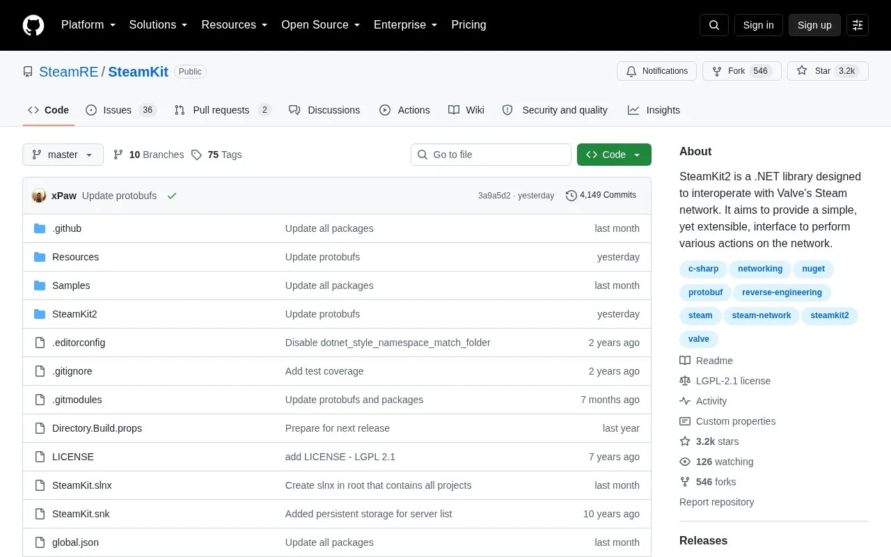 SteamKit homepage screenshot