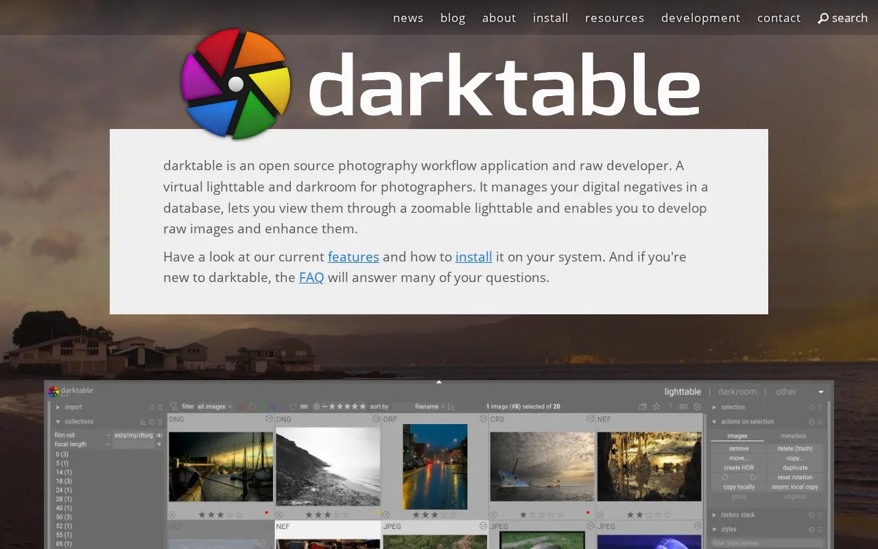 darktable homepage screenshot
