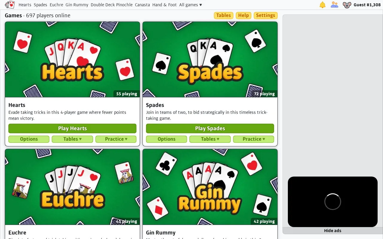 World of Card Games homepage screenshot