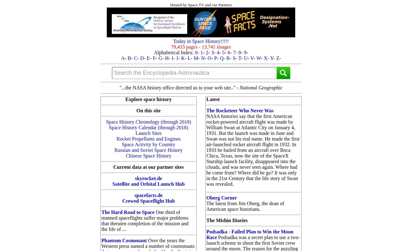 Encyclopedia Astronautica homepage screenshot