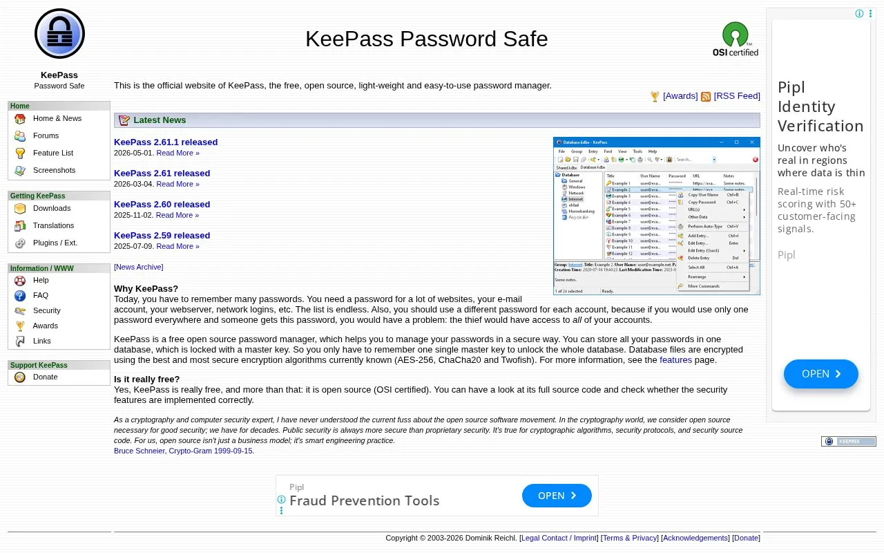 KeePass homepage screenshot