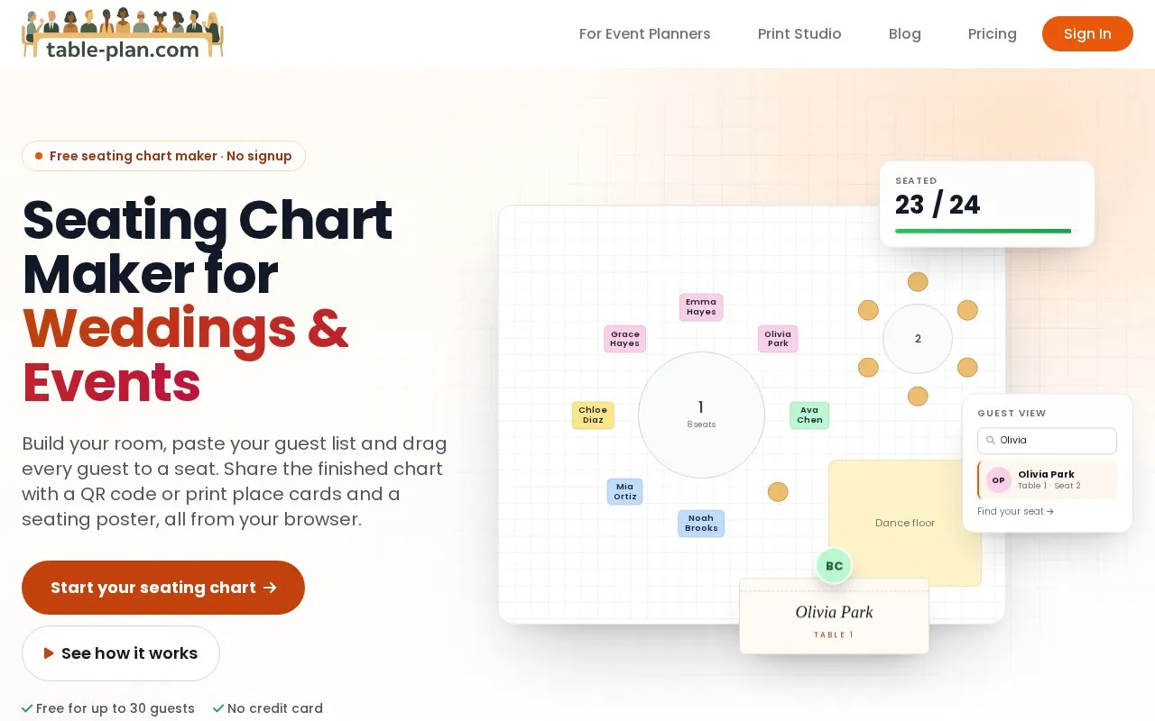 Table Plan homepage screenshot