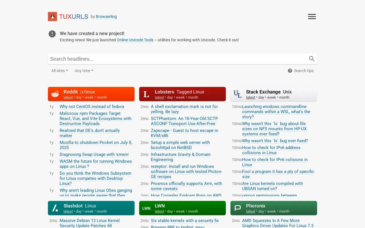 TuxURLs homepage screenshot
