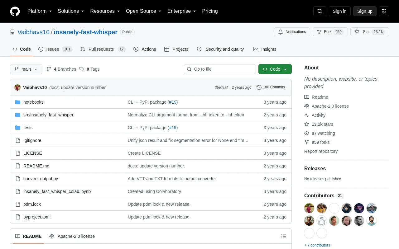 Vaibhavs10/insanely-fast-whisper homepage screenshot
