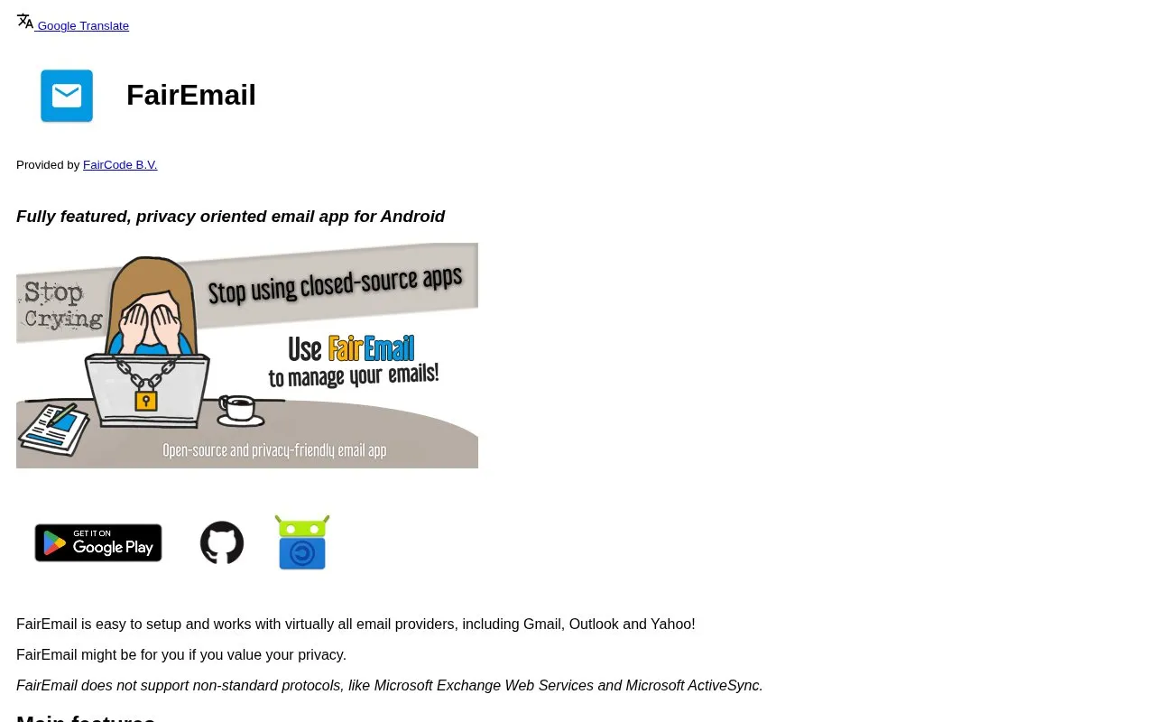 FairEmail homepage screenshot