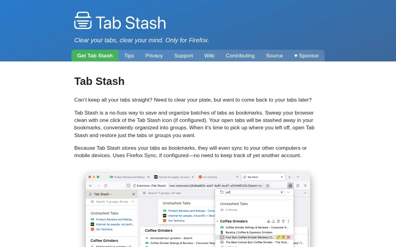 Tab Stash homepage screenshot