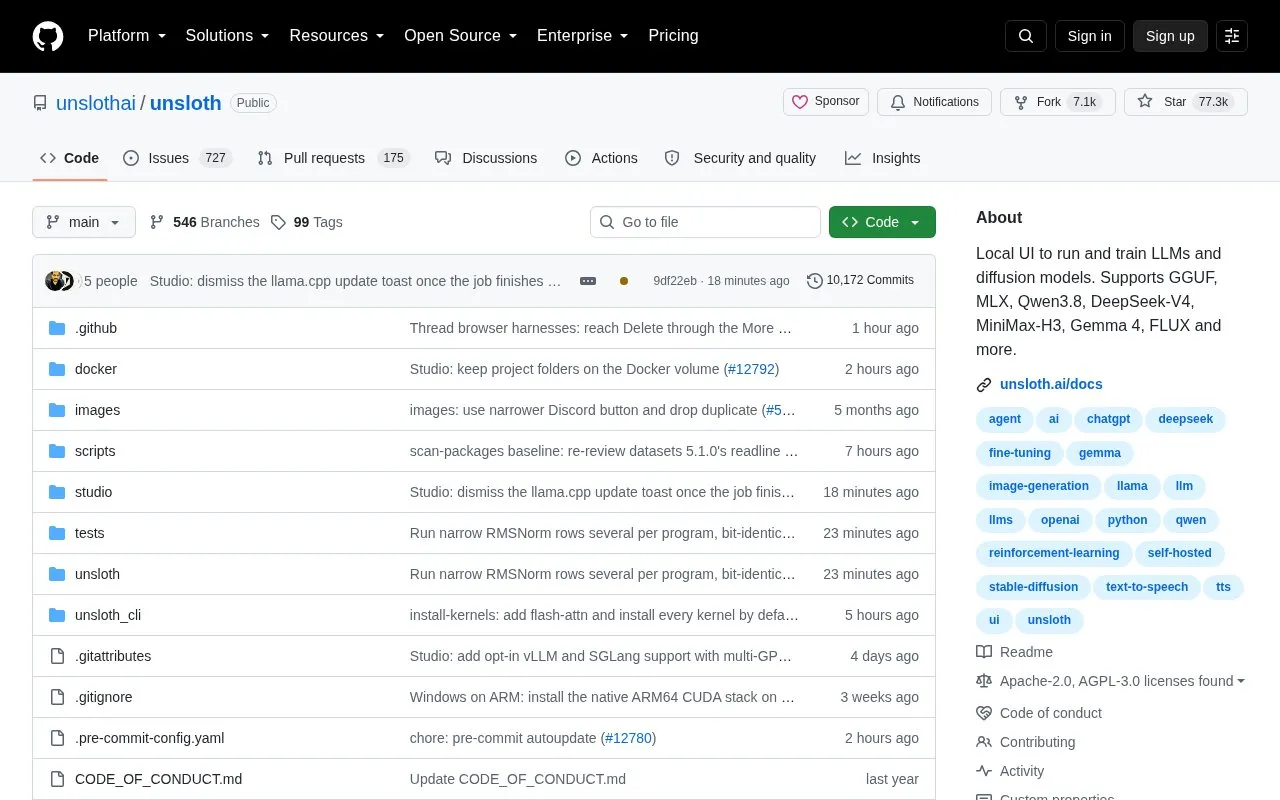 Unsloth homepage screenshot