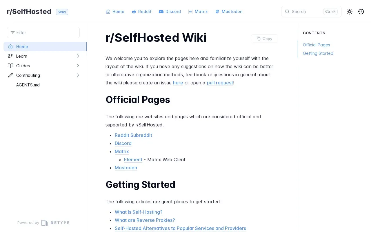 r/SelfHosted Wiki homepage screenshot