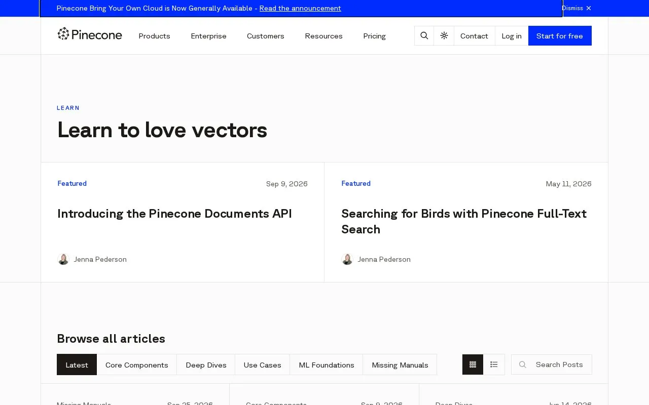 Learning Center Pinecone homepage screenshot