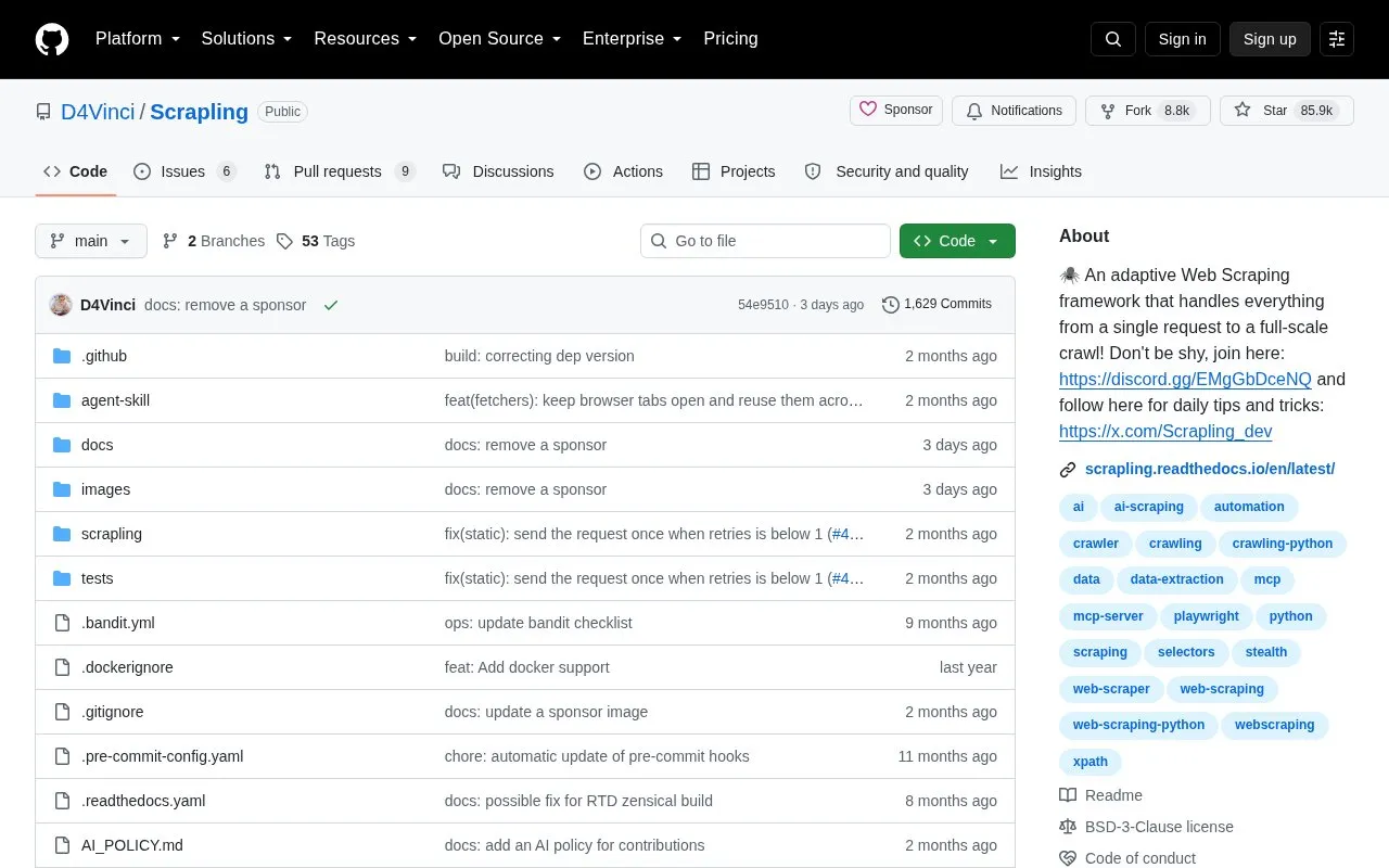 Scrapling homepage screenshot
