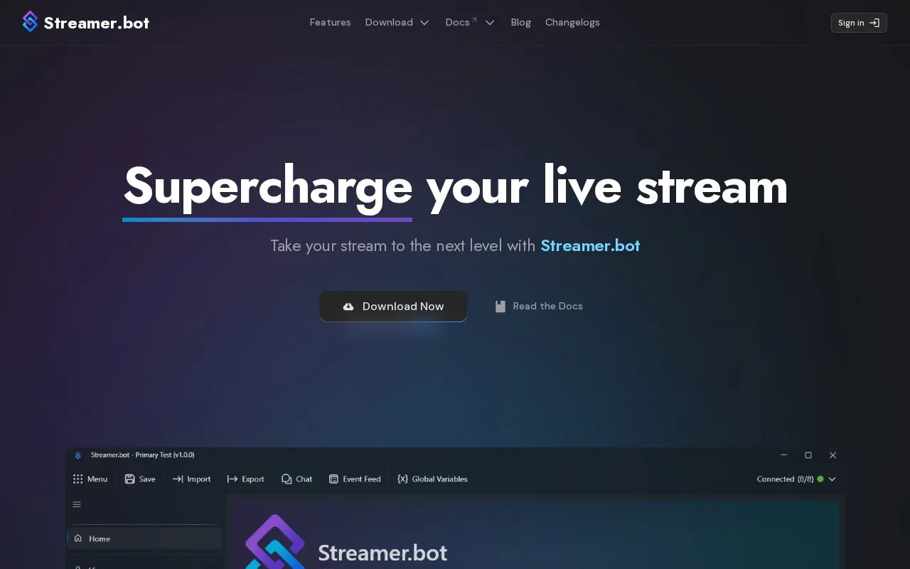 Streamer.bot homepage screenshot
