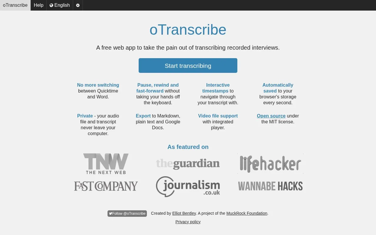 oTranscribe homepage screenshot