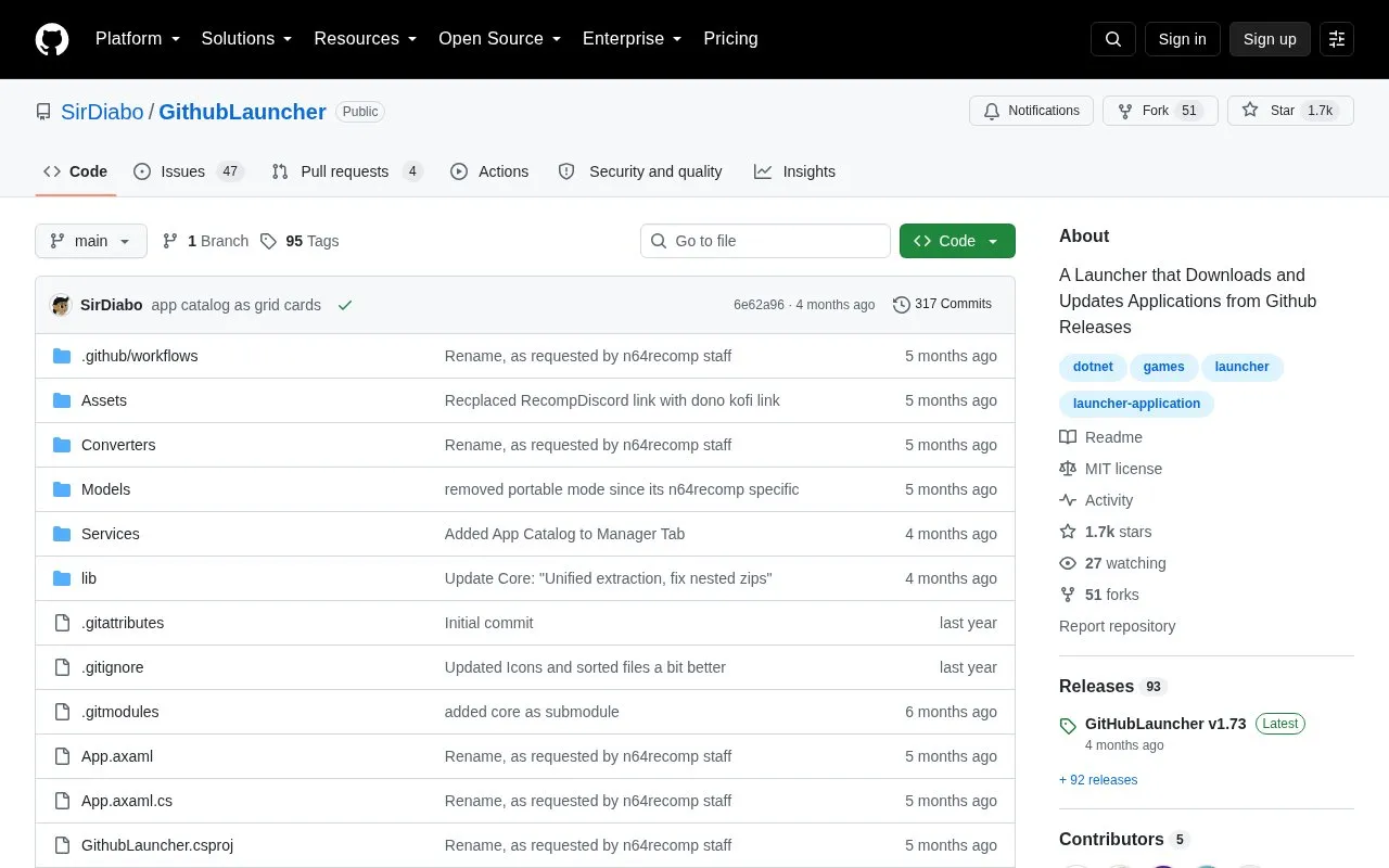GithubLauncher homepage screenshot