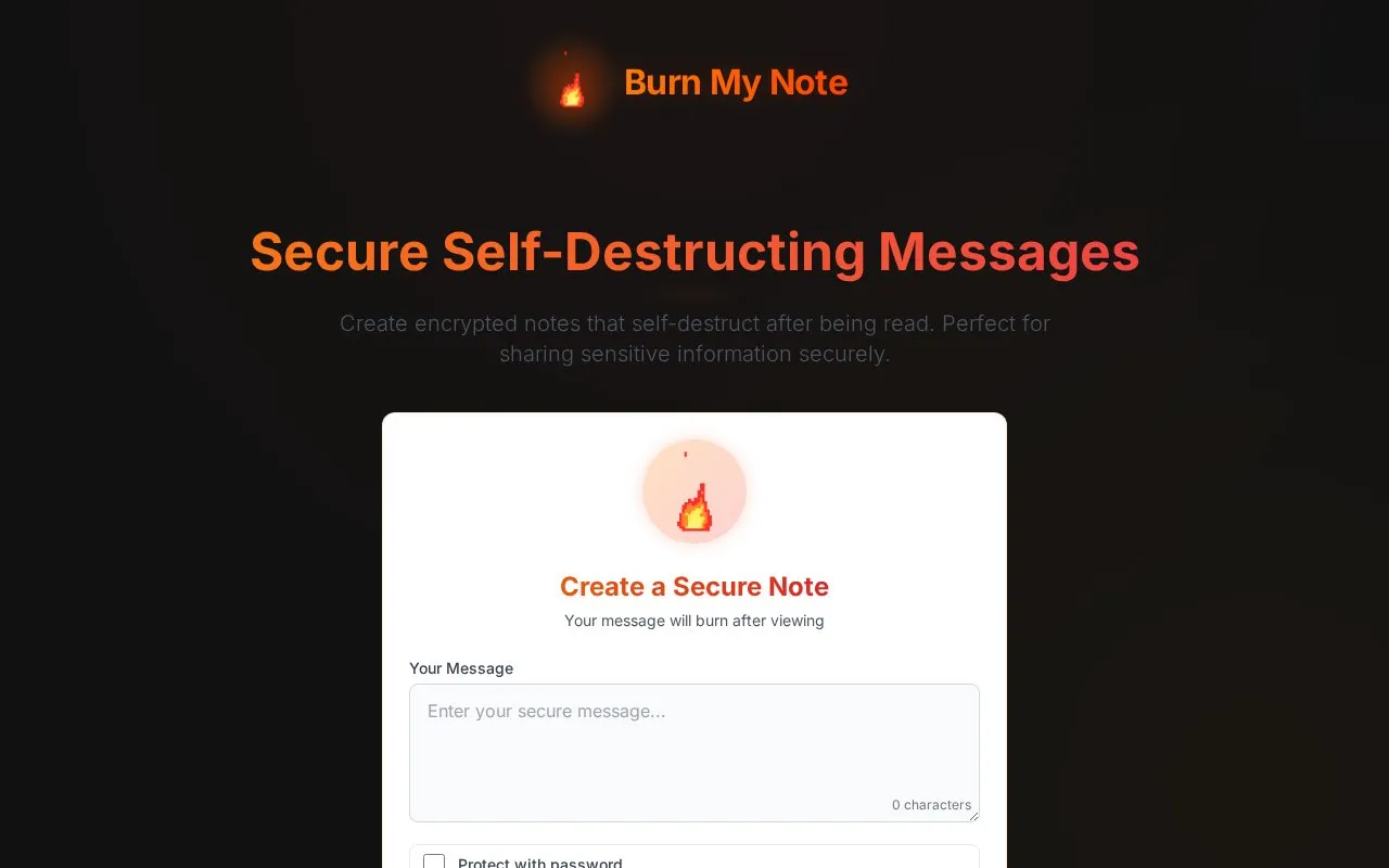 Burn My Note homepage screenshot