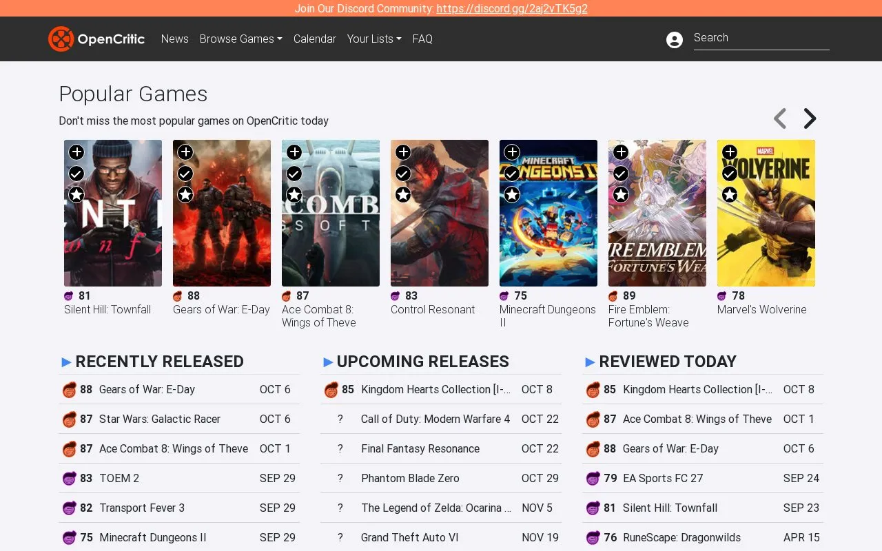 OpenCritic homepage screenshot