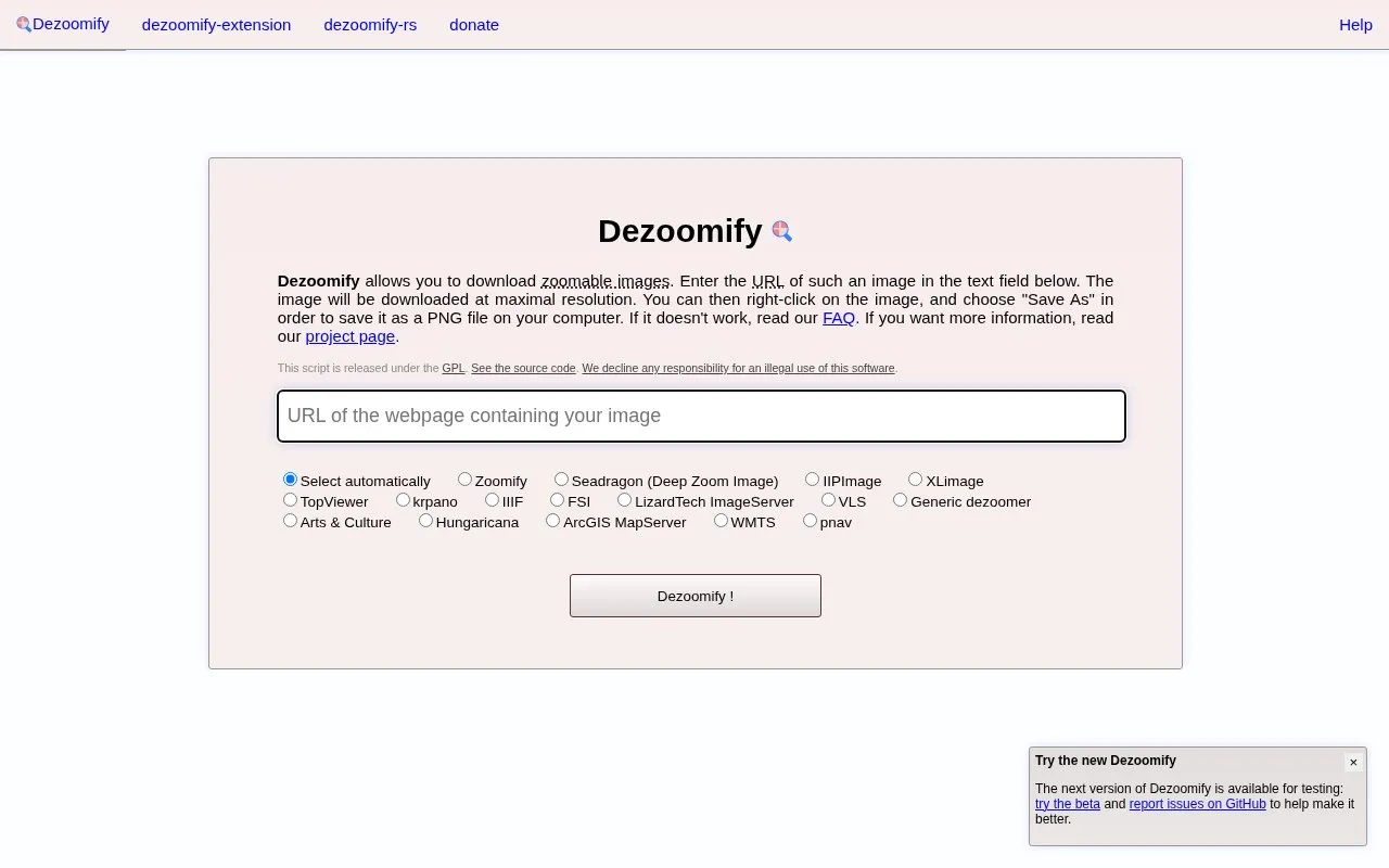 Dezoomify homepage screenshot