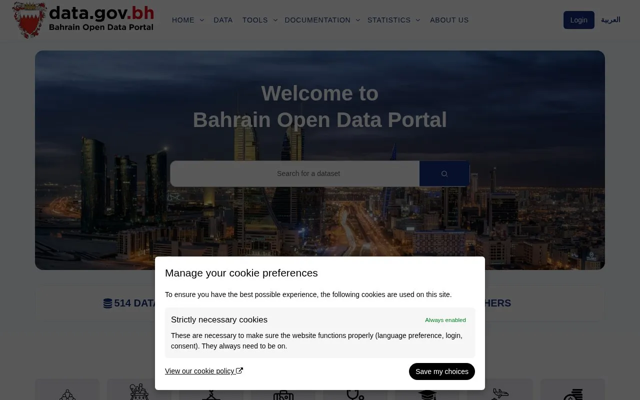 Bahrain Open Data portal homepage screenshot