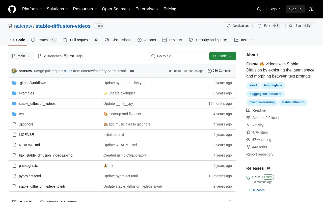 nateraw/stable-diffusion-videos homepage screenshot