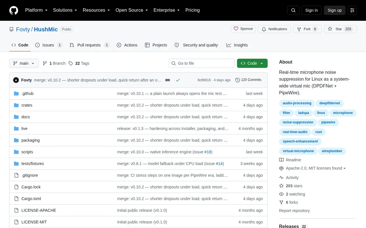 HushMic homepage screenshot