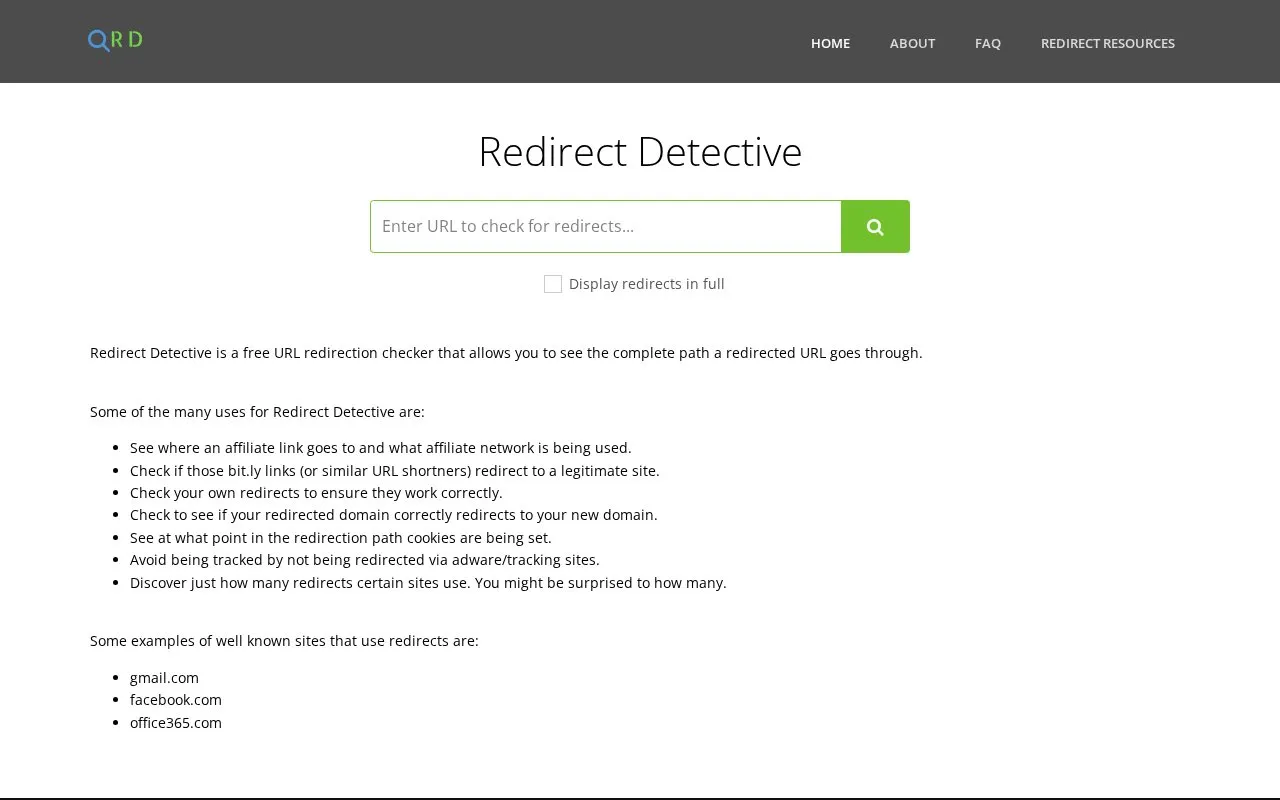 RedirectDetective homepage screenshot
