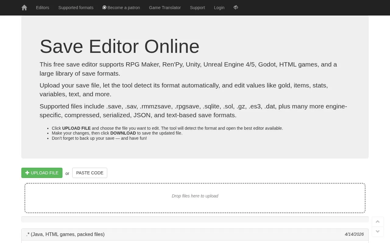Save Editor Online homepage screenshot