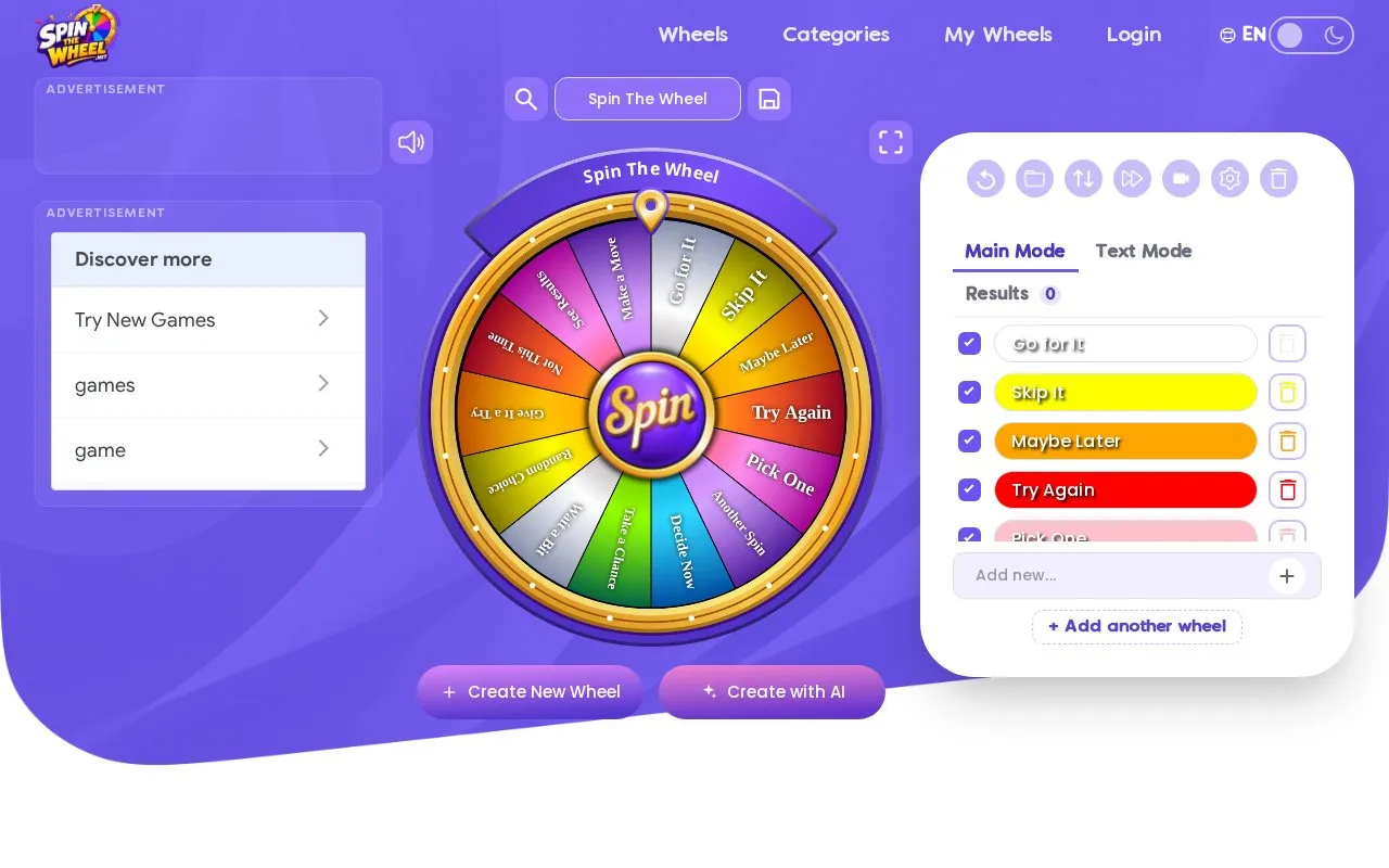 SpinTheWheel homepage screenshot