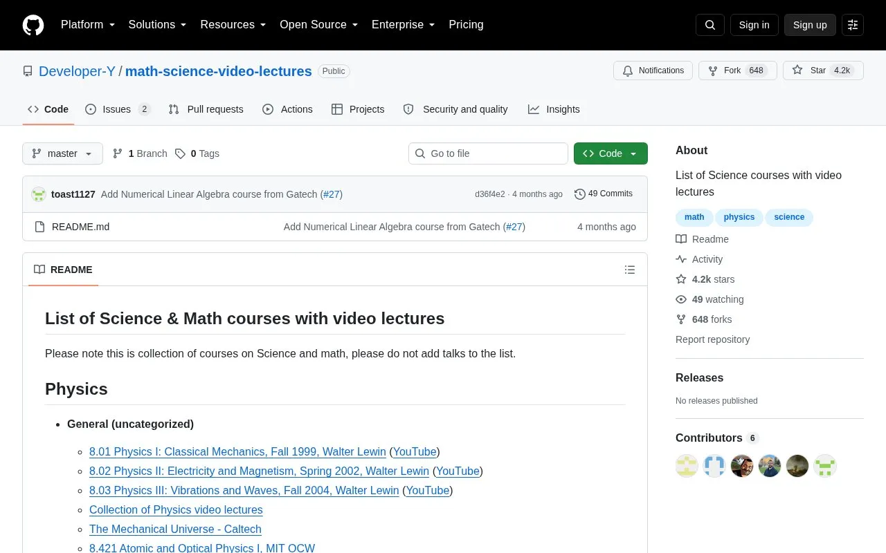 Math and Science Lectures homepage screenshot