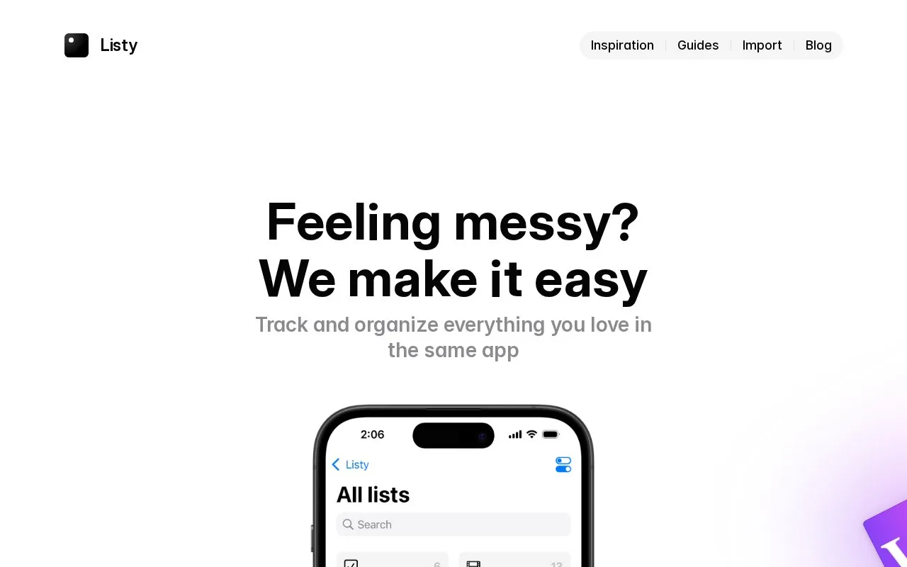 Listy homepage screenshot