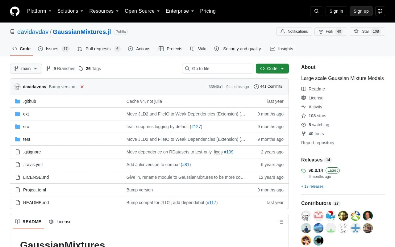 GaussianMixtures homepage screenshot