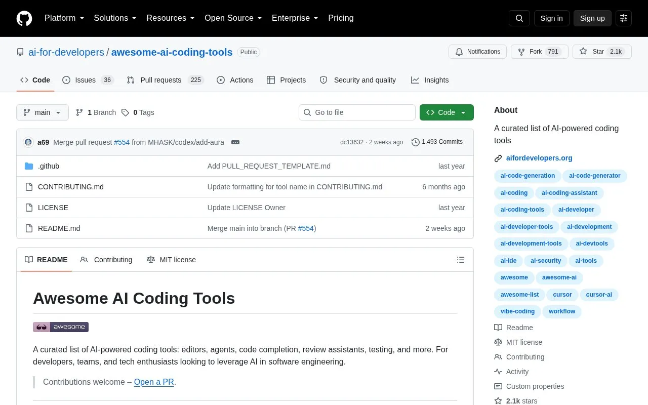 Awesome AI Coding Tools homepage screenshot