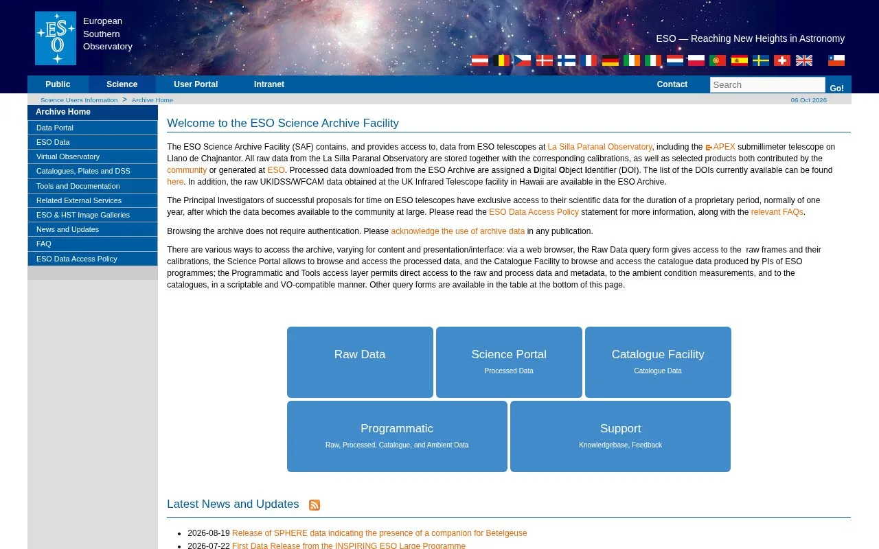 ESO Science Archive Facility homepage screenshot