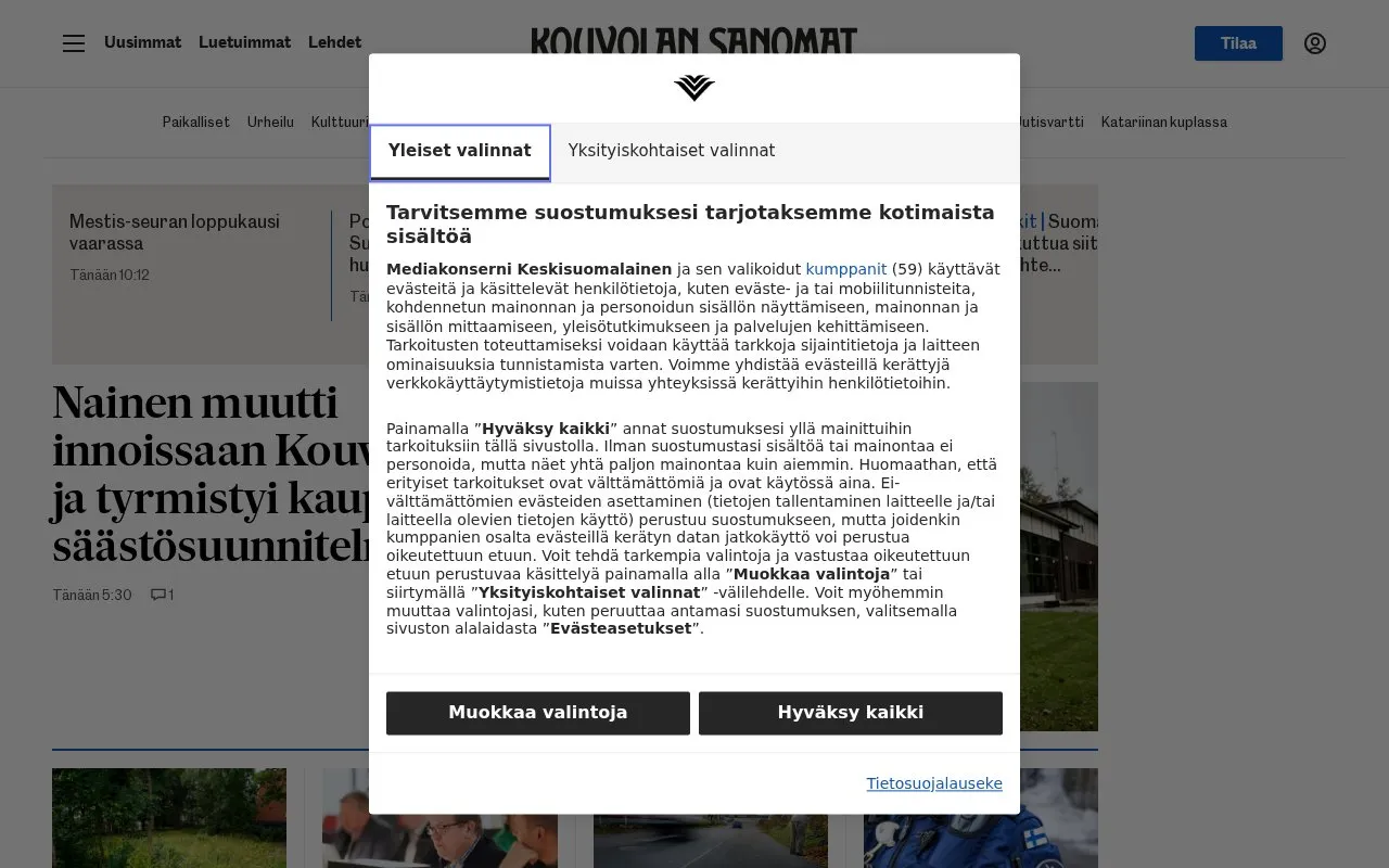 Kouvolan Sanomat homepage screenshot