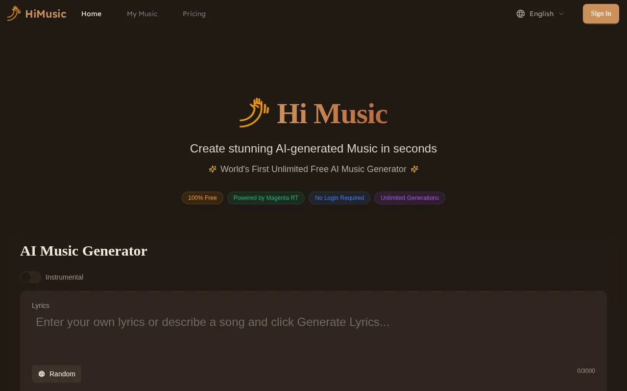 Hi Music homepage screenshot