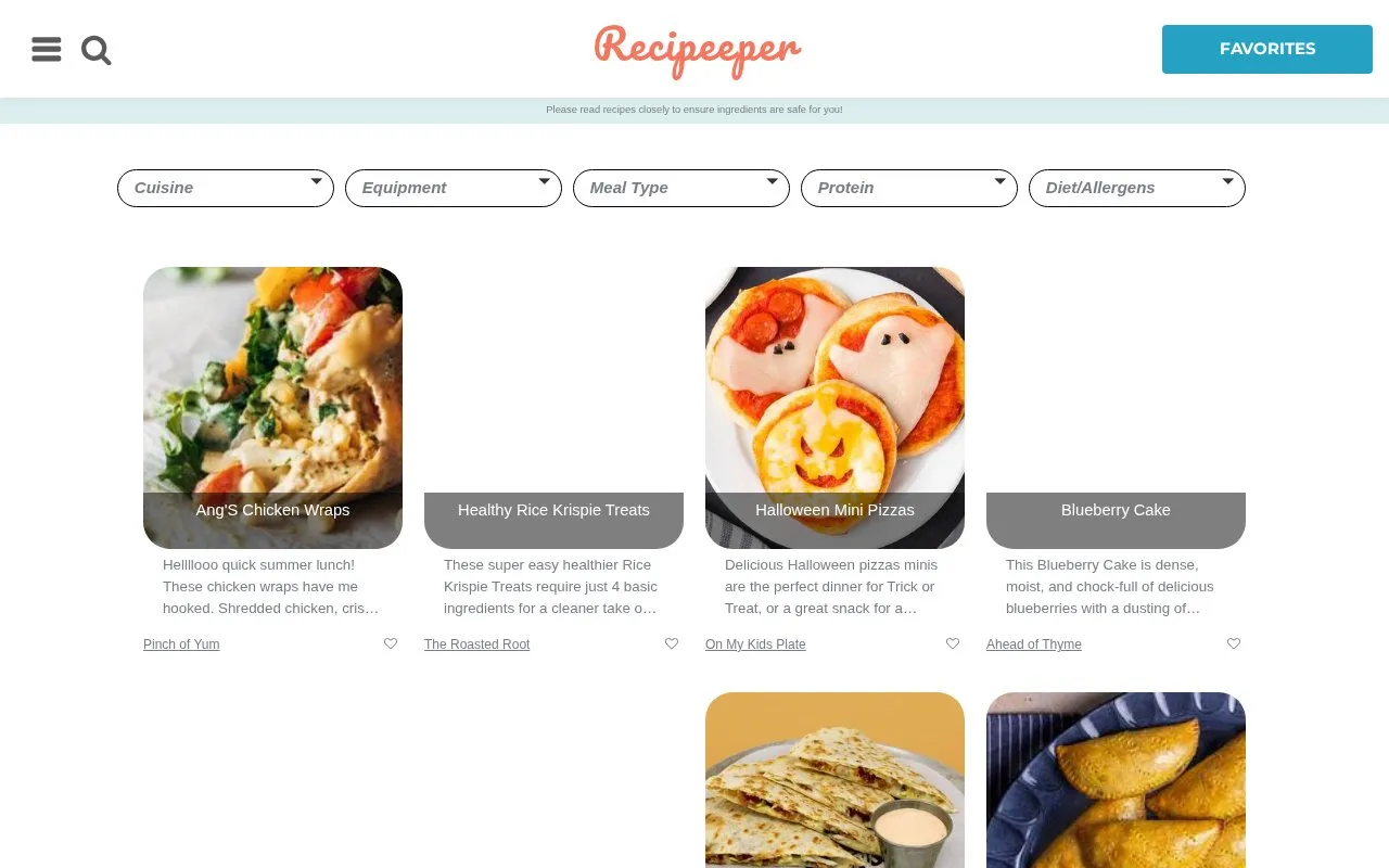 Recipeeper homepage screenshot
