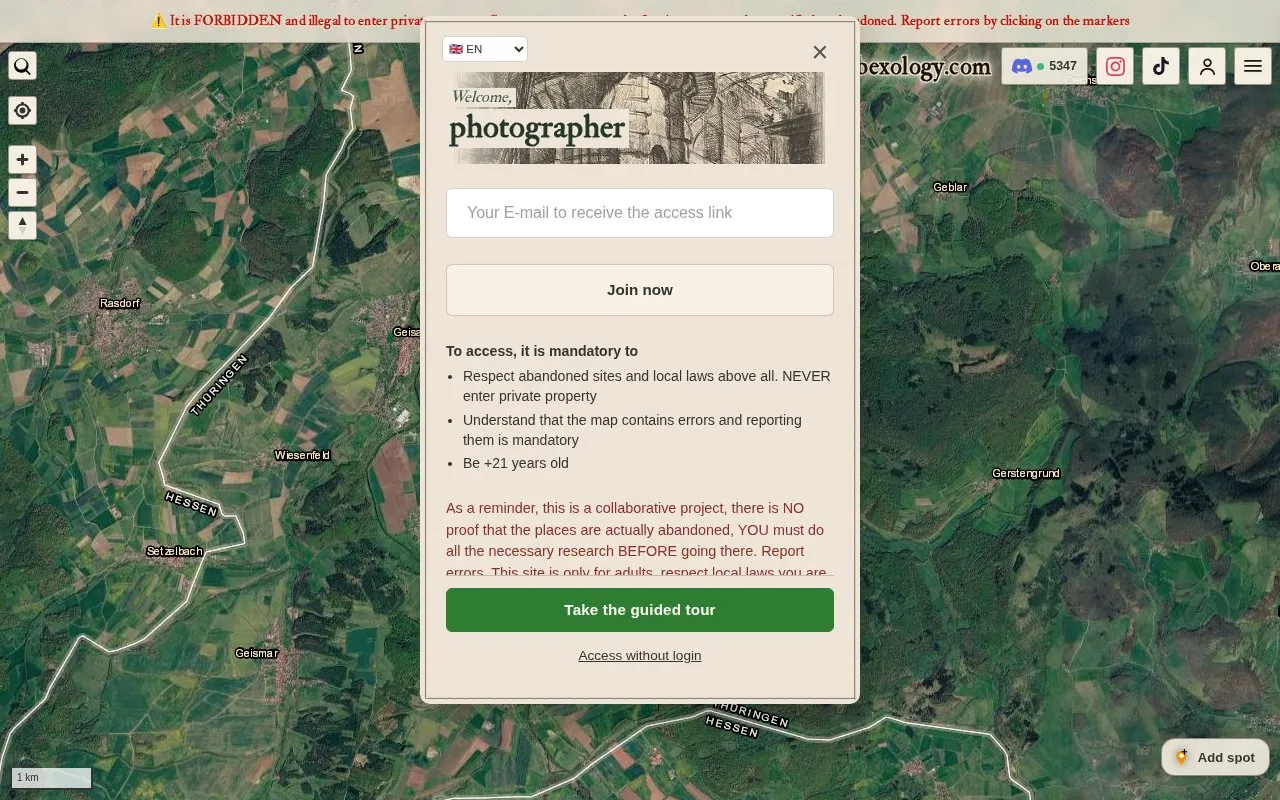 Urbex homepage screenshot
