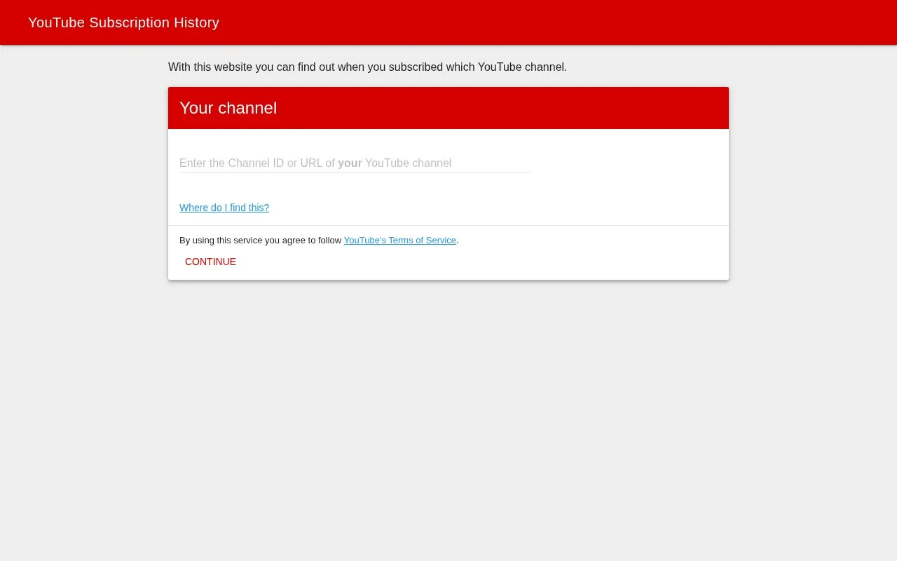 YouTube Subscription History homepage screenshot