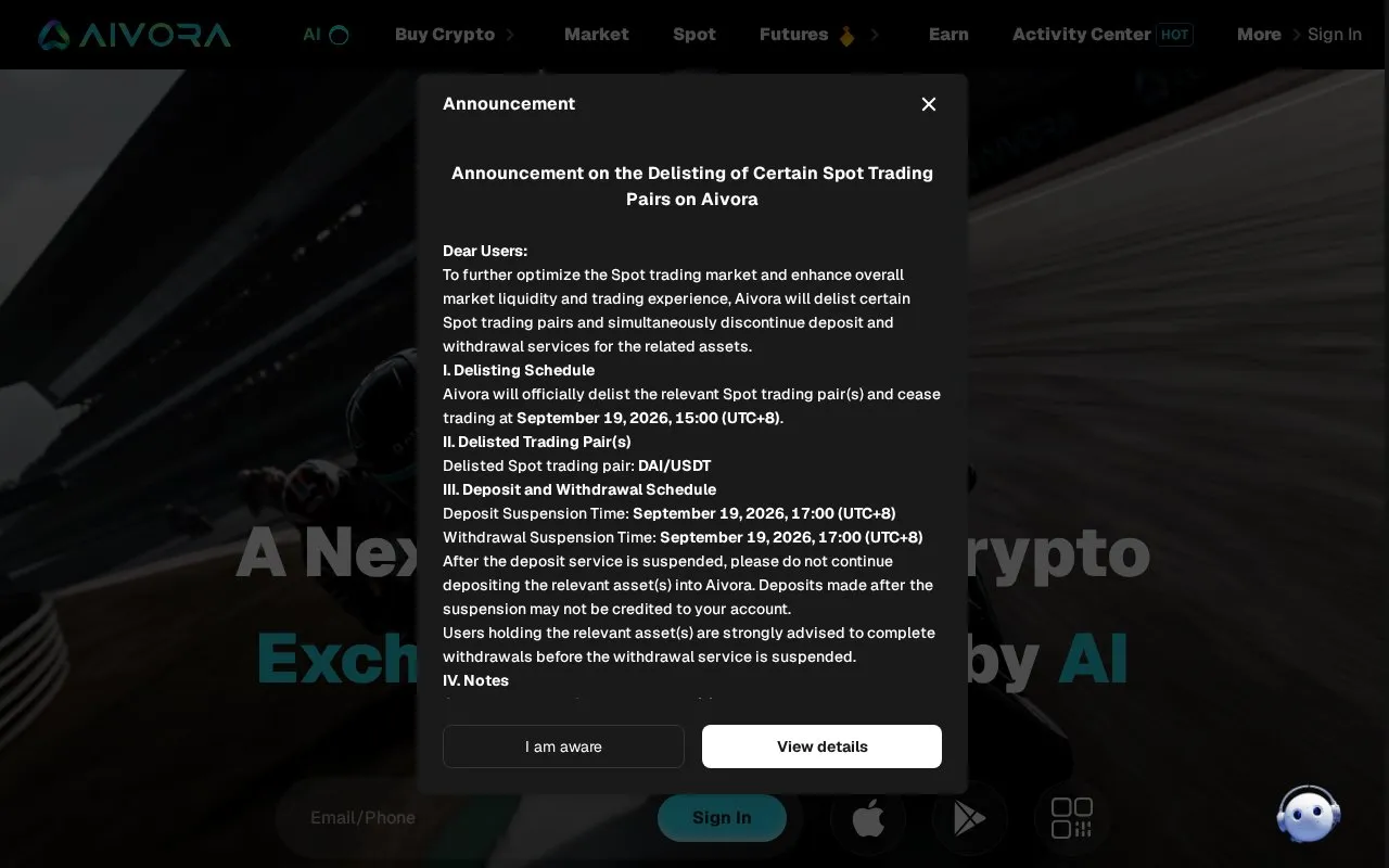Aivora Exchange homepage screenshot