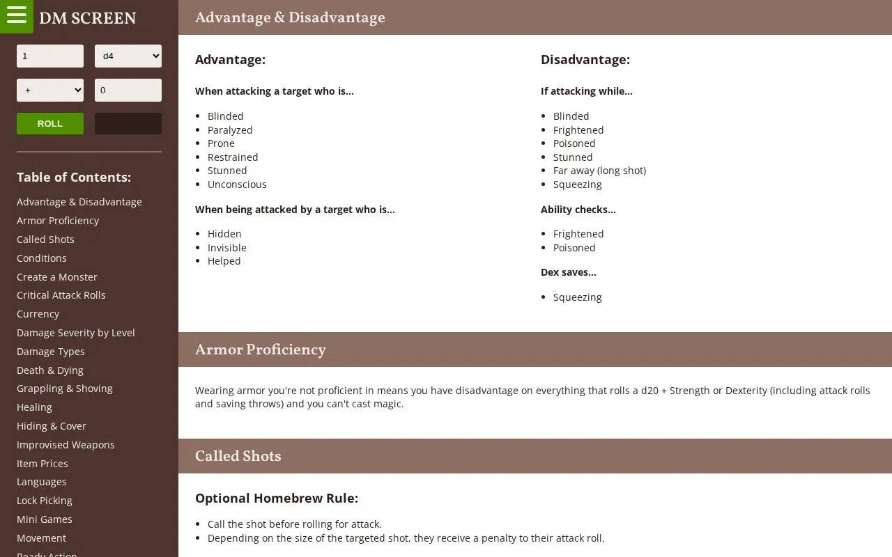 DM Screen homepage screenshot