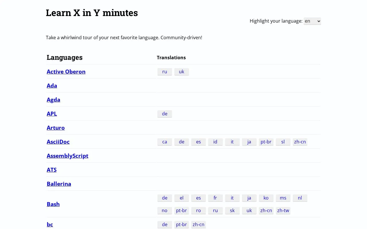 Learn X in Y minutes homepage screenshot