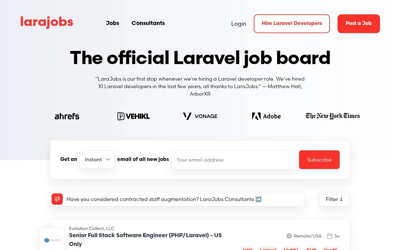 LaraJobs homepage screenshot