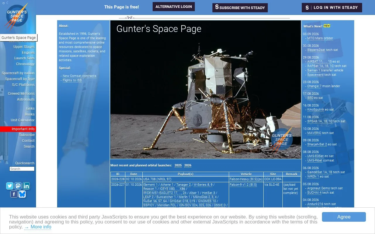 Gunter's Space Page homepage screenshot
