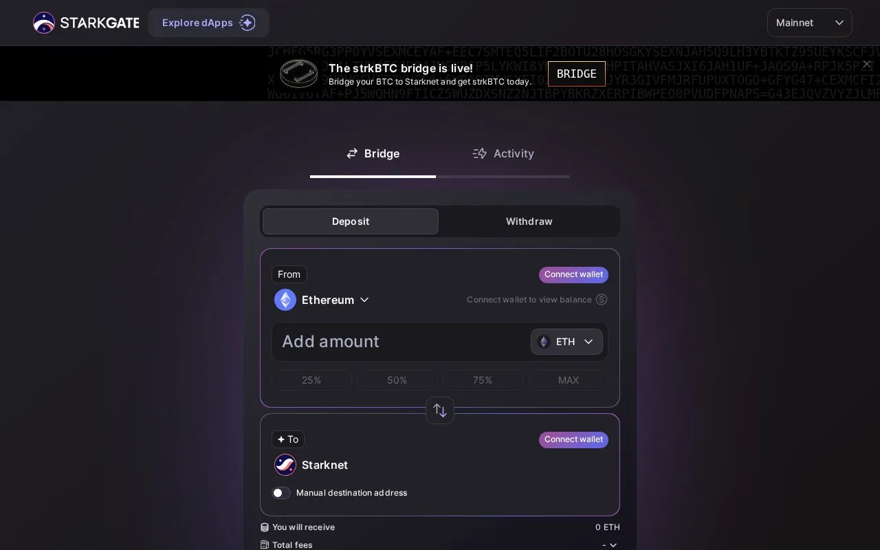 Starknet Bridge homepage screenshot