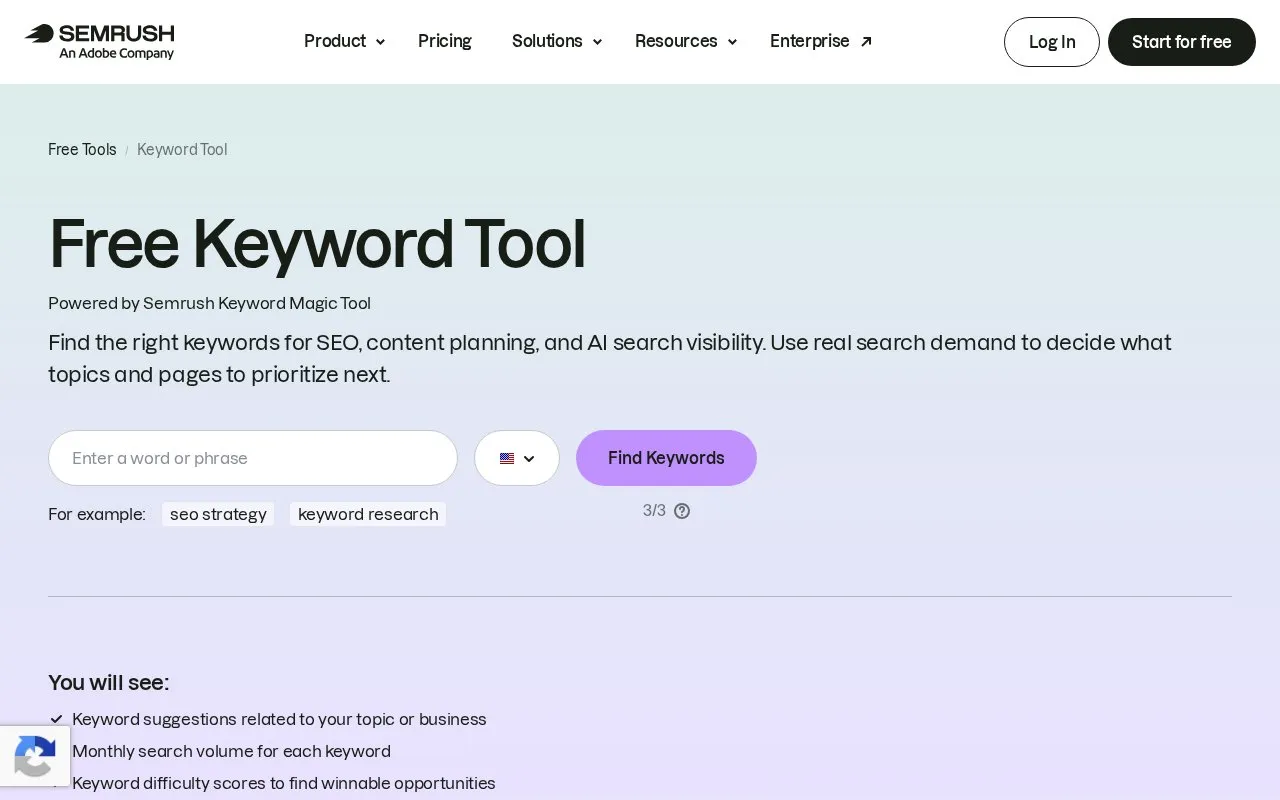 Semrush's Keyword Magic Tool homepage screenshot