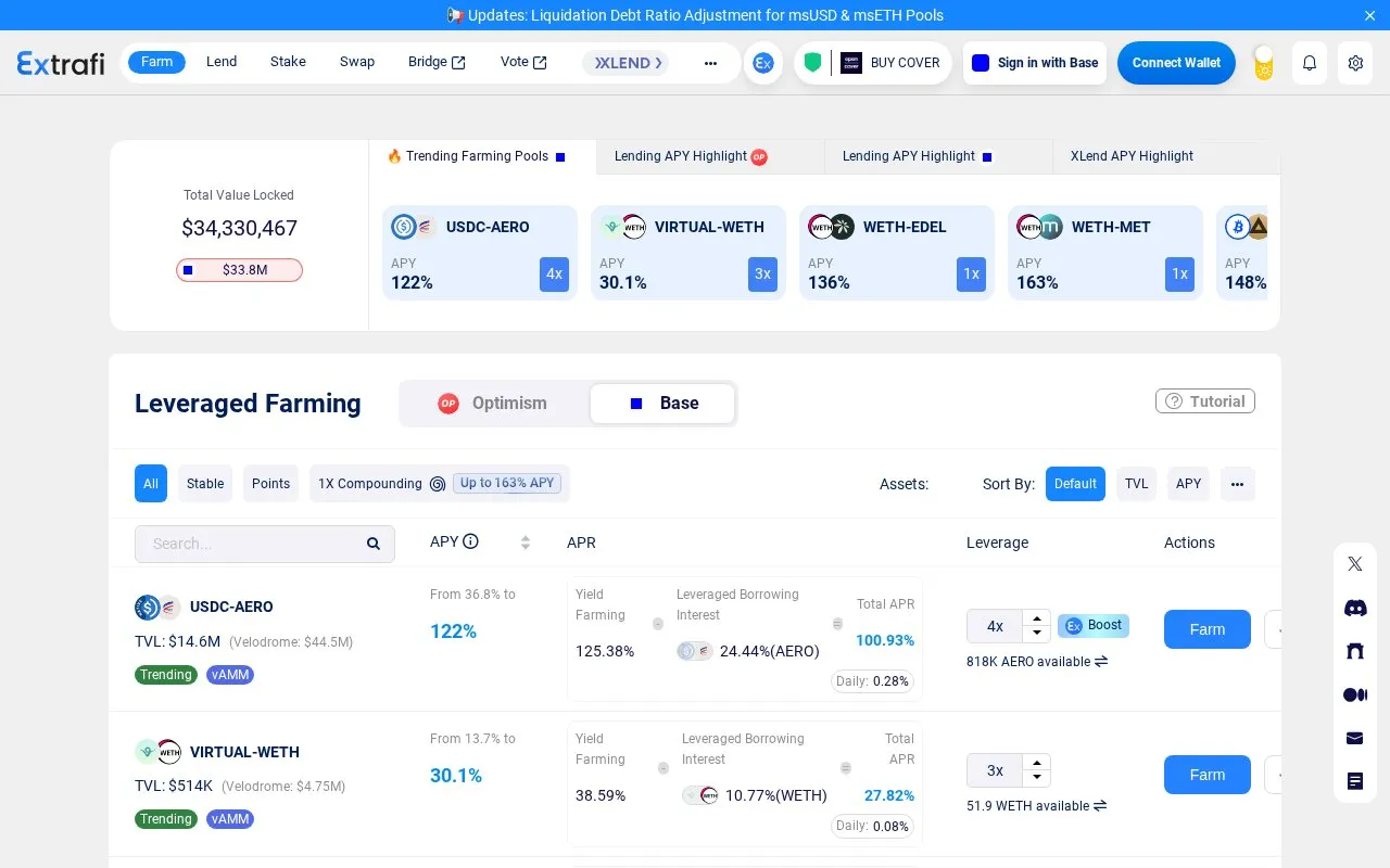 Extra Finance Leverage Farming homepage screenshot