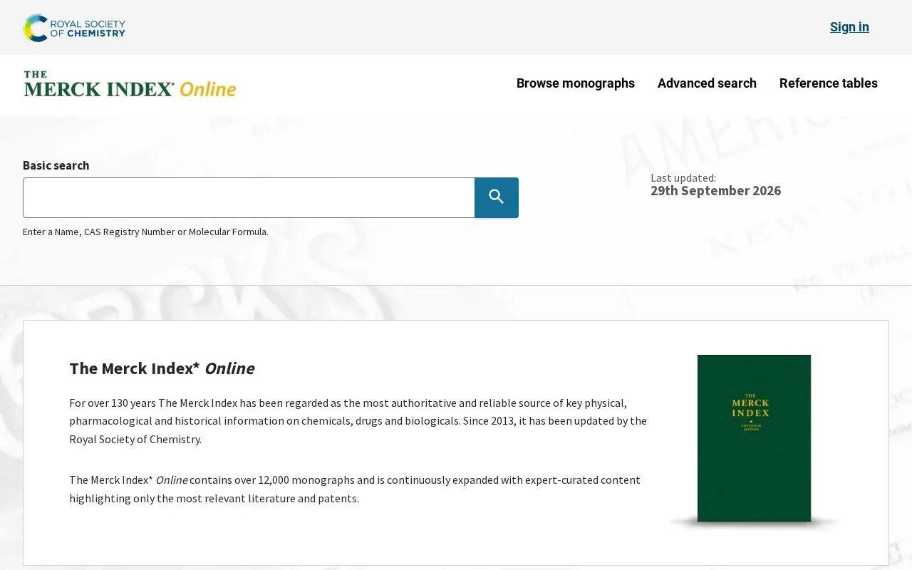 Merck Index homepage screenshot