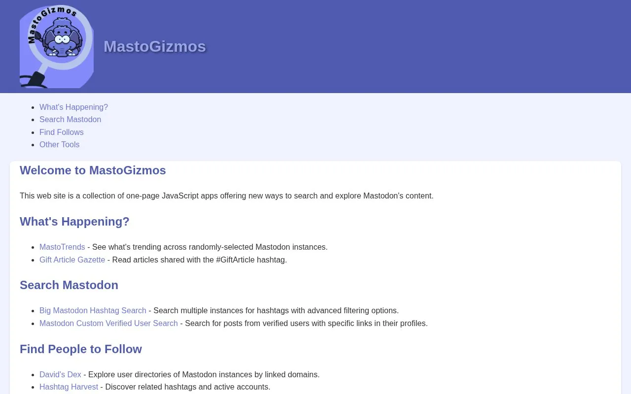 MastoGizmos homepage screenshot