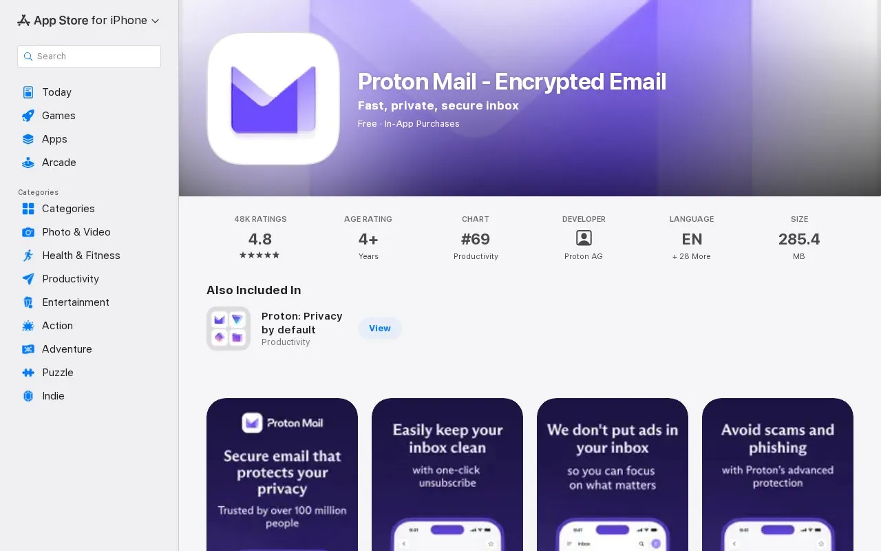 Proton Mail homepage screenshot