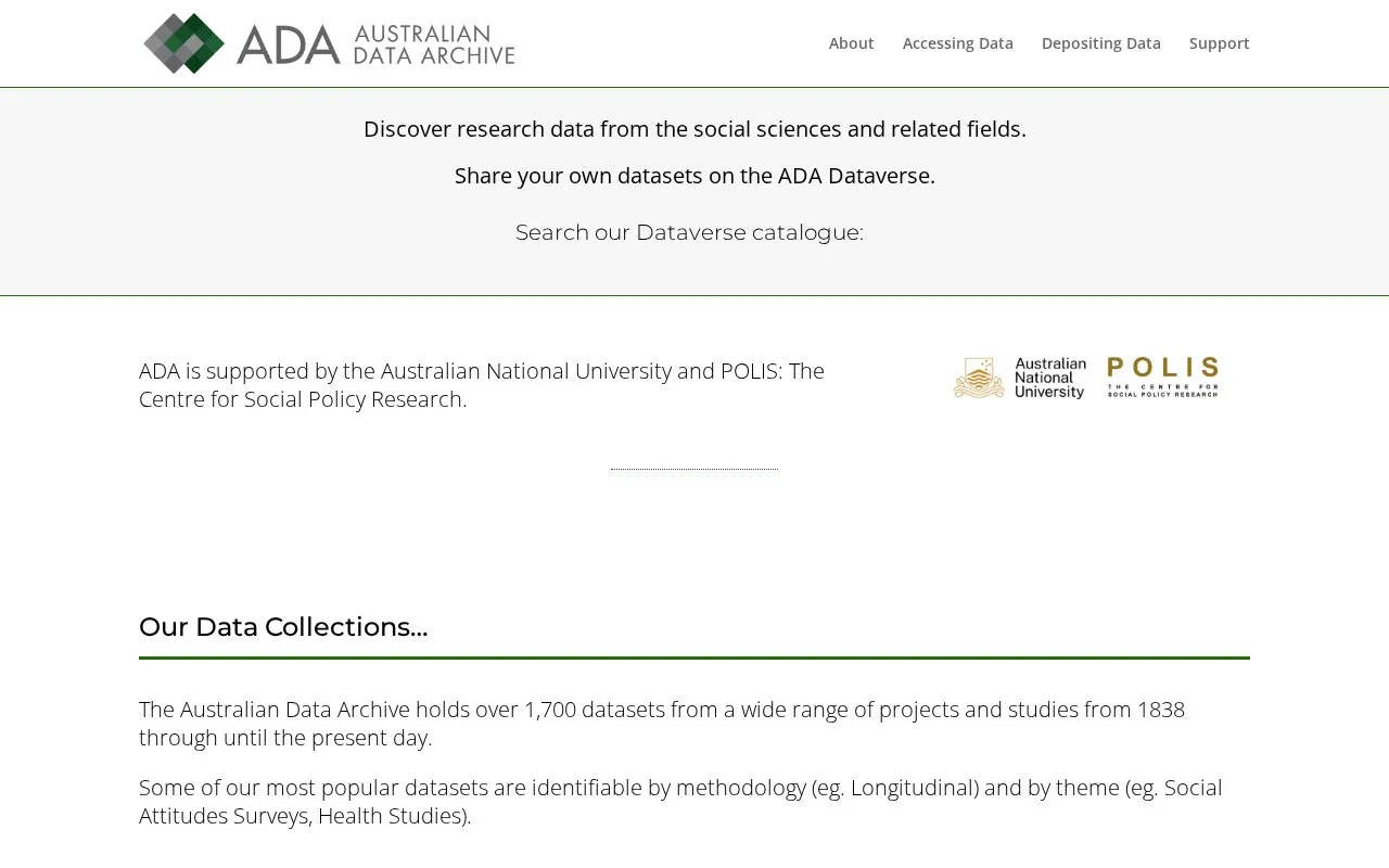 Australian Data Archive homepage screenshot